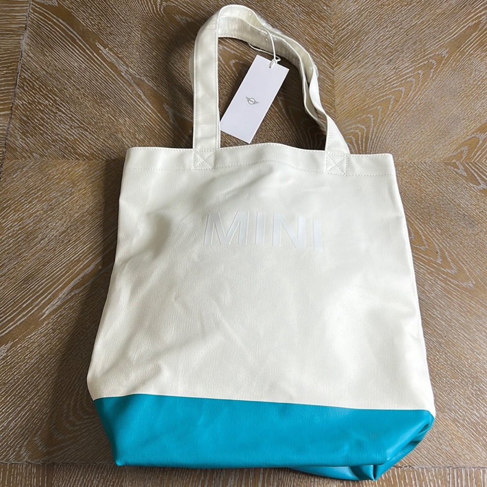 MINI BMW Shopper White/Aqua Color Block Tote Bag